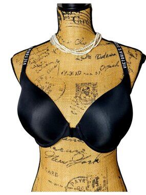 Victorias Secret 34DDD Push-Up T-Back Black Demi Bra Logo Straps Very Sexy